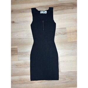 Wayne Rogers Vintage Black Silk Ribbed Knit Zip‎ Front Bodycon Dress Womens M